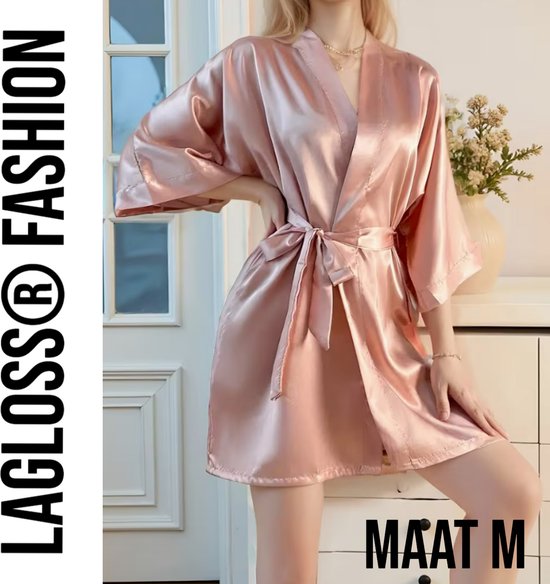 LaGloss® Roze Dames Badjas – Elegante V-Hals met 3/4 Mouwen – Nachtkleding – Maat M