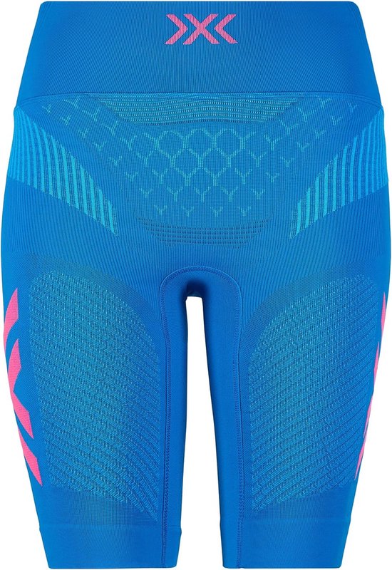 Blauwe hardloopshort met roze X-logo en mesh details.