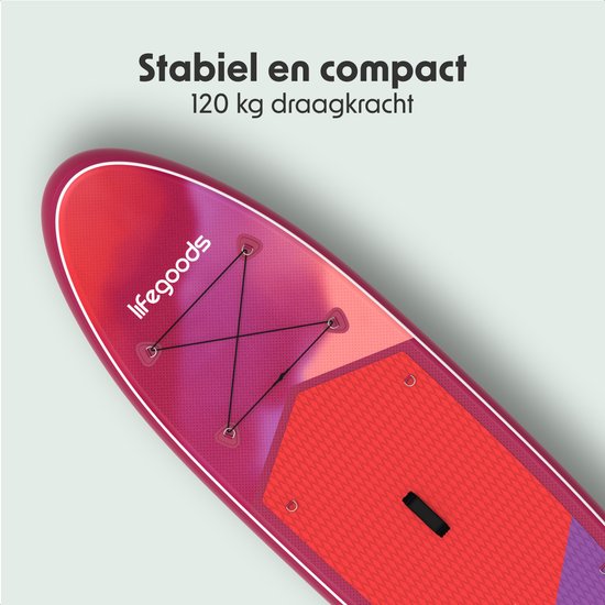 LifeGoods SUP Board Allround Compact - 120 KG Draagkracht - 300 x 76 cm - Opblaasbaar - Compleet SUP pakket - Rood/Lila