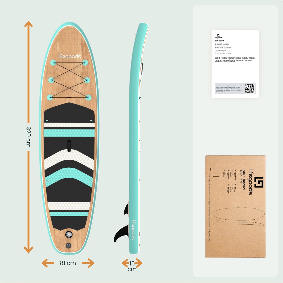 LifeGoods PaddlePro SUP Board - met Zitje - Opblaasbaar Paddle Board - Complete Set - Max. 150KG - 320x81cm - Hout/Mintgroen – foto 7