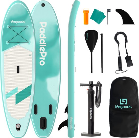 LifeGoods SUP Board Allround Compact - 120 KG Draagkracht - 300 x 76 cm - Opblaasbaar - Compleet SUP pakket - Mintgroen
