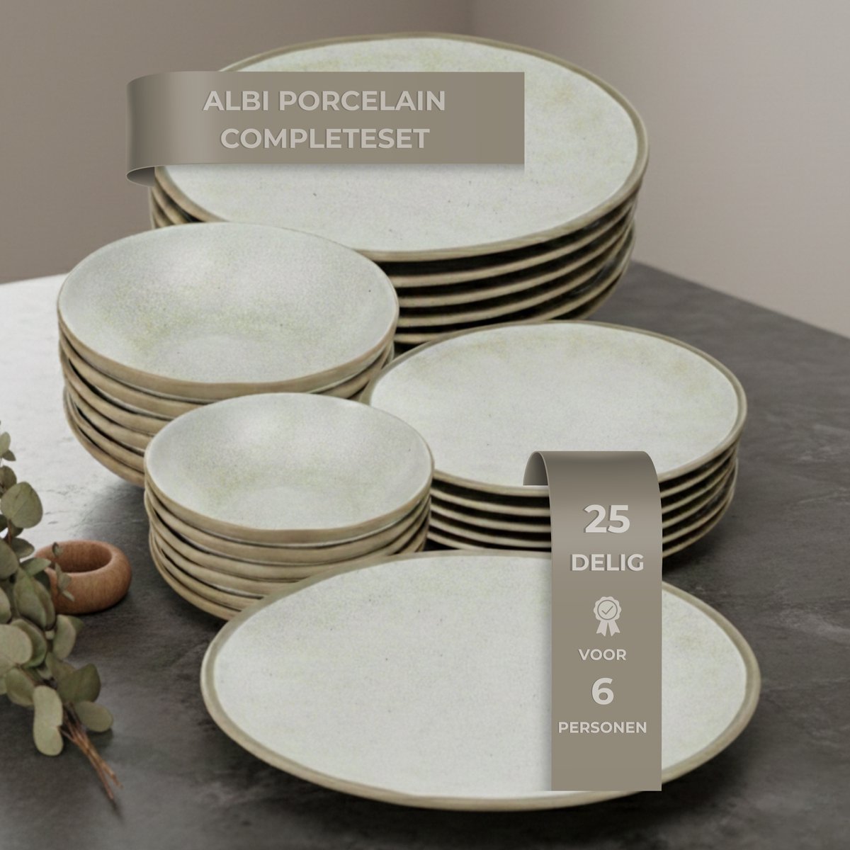 OZ Home Bricard Albi Serviesset 25-delig Porselein - 6 Personen - Gebroken Wit (greige) met Beige Rand - Stapelbaar - Vaatwasser- en Magnetronbestendig, Ovenbestendig