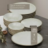 Service de table OZ Home Bricard Albi 25 pièces Porcelaine - 6 personnes - Blanc cassé (greige) avec bordure beige - Empilable - Résistant au lave-vaisselle et au micro-ondes, résistant au four