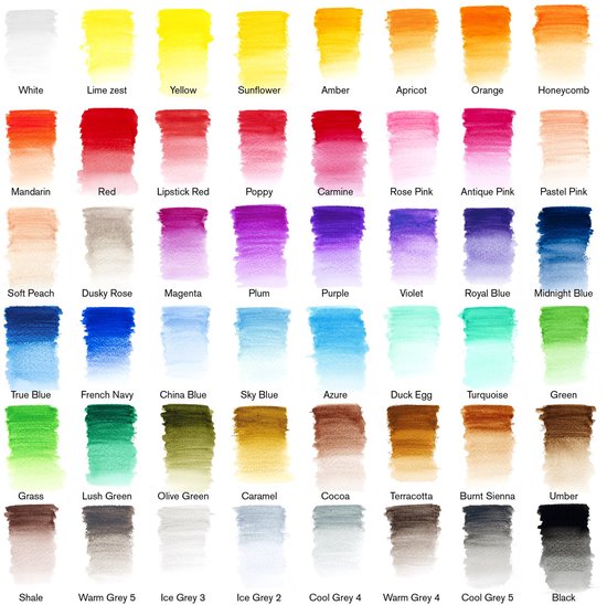 Kleurstalen van 48 Winsor & Newton aquarelpotloden, van wit tot zwart, met kleurnamen.