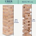 Houten stapeltoren naast een stapeltoren in opbouw, met afmetingen 'start 60 cm' en 'max 90 cm'.