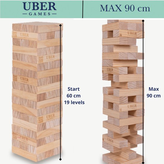 Houten stapeltoren naast een stapeltoren in opbouw, met afmetingen 'start 60 cm' en 'max 90 cm'.