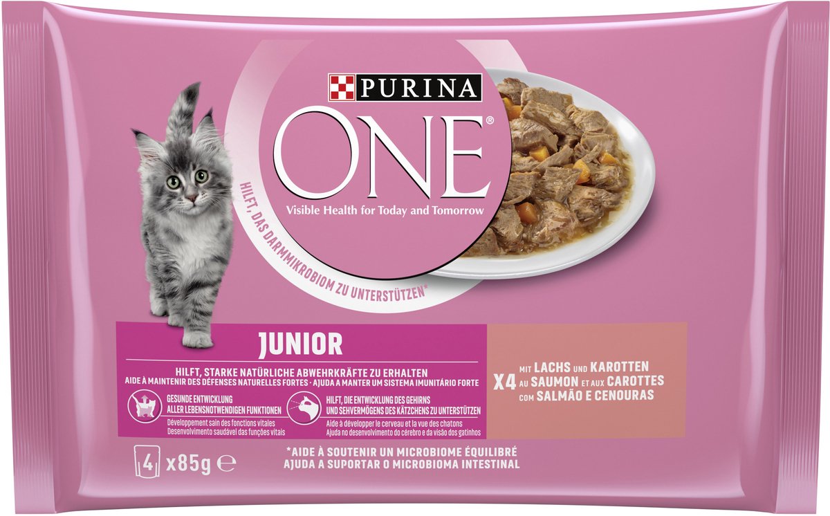 PURINA ONE Junior Kittenvoer nat met zalm & wortelen, (1x 4 x 85g)
