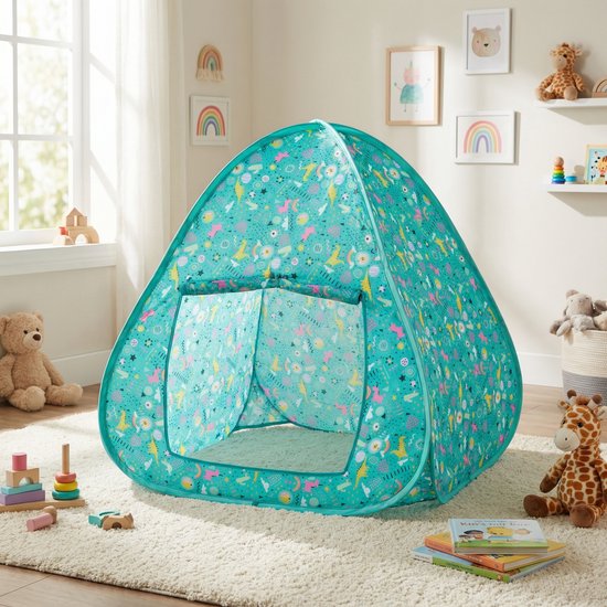 Pop-up speeltent in een kinderkamer, teal met een print van dinosaurussen, eenhoorns en sterren.