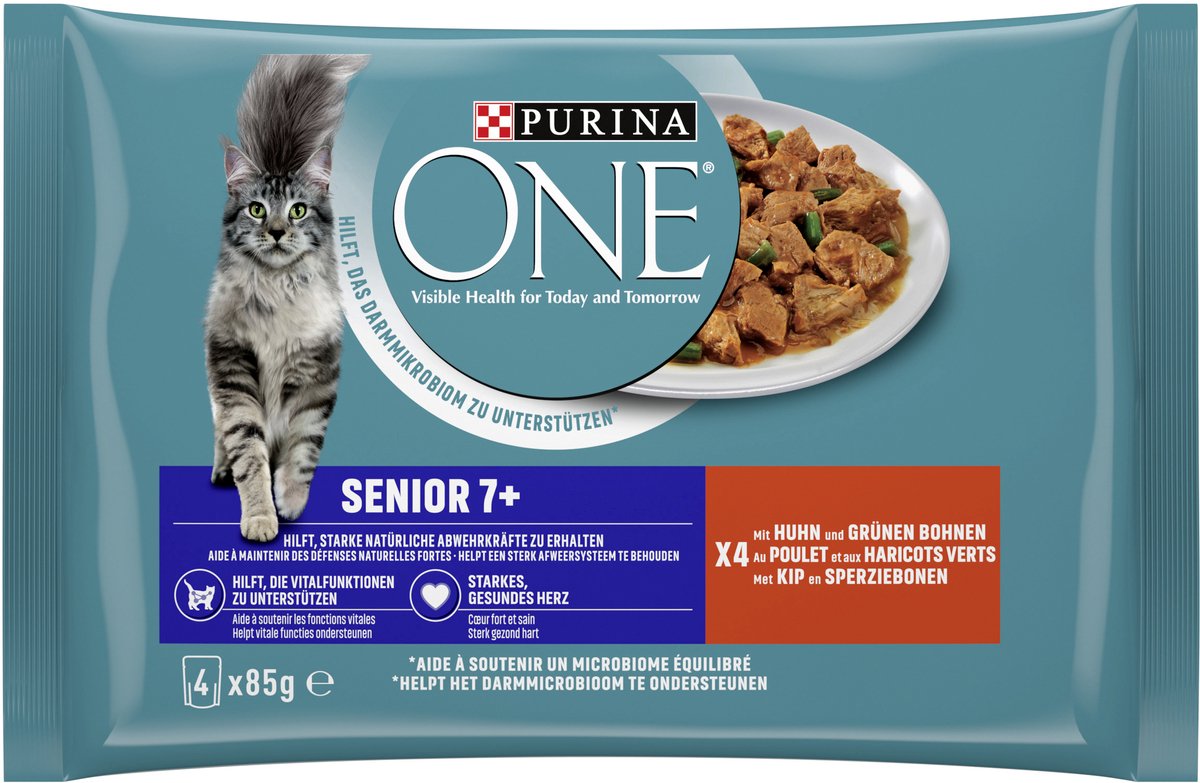 PURINA ONE SENIOR 7+ natvoer voor senior katten, met kip, (1 x 4 x 85g)