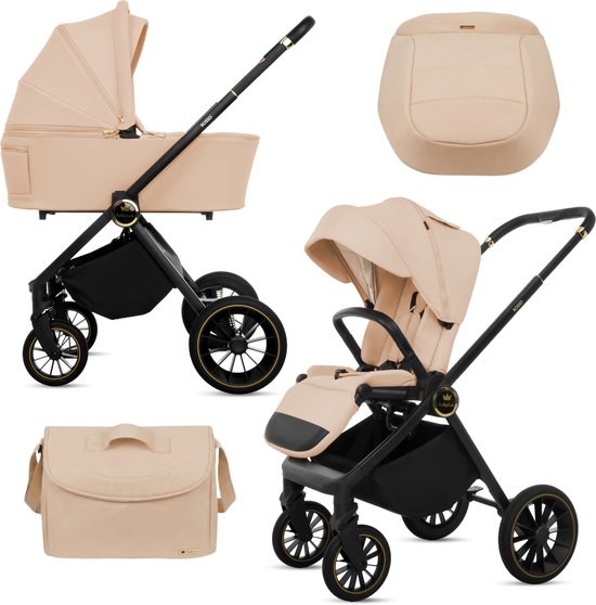 BabyLux® Kinderwagen 2in1 ROSSO, Beige, Opvouwbare Lichtgewicht Kinderwagenset Incl. Reiswieg, Buggy Sportzitje, Luiertas En Meer Accessoires, 4 Verstelbare Standen, 0-22kg (0-4 Jaar), Uv-Bescherming 50+