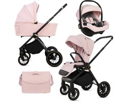 BabyLux® Kinderwagen 3in1 Set ROSSO, Roze, Opvouwbare Lichtgewicht Kinderwagenset Incl. Reiswieg, Buggy, I-Size Baby-Autostoeltje, Luiertas En Meer Accessoires, 4 Ligstanden, 0-22kg, Uv-Bescherming 50+