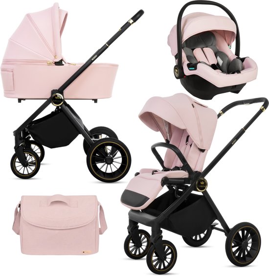 BabyLux® Kinderwagen 3in1 Set ROSSO, Roze, Opvouwbare Lichtgewicht Kinderwagenset Incl. Reiswieg, Buggy, I-Size Baby-Autostoeltje, Luiertas En Meer Accessoires, 4 Ligstanden, 0-22kg, Uv-Bescherming 50+