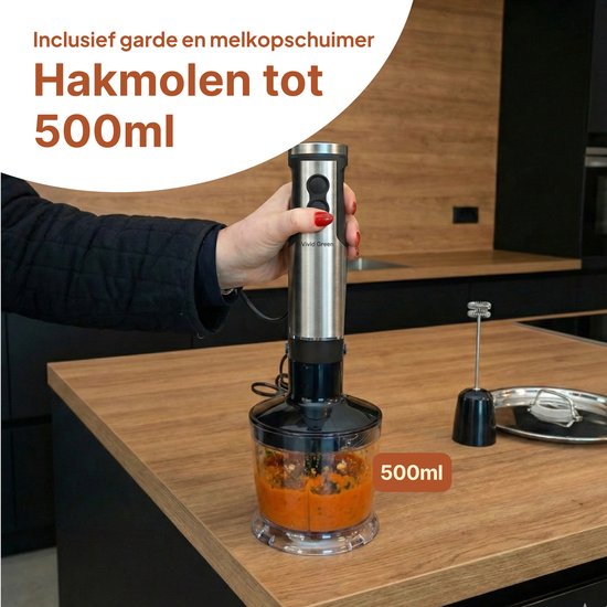 Staafmixer 5-in-1 Set - 1000W - Vaatwasserbestendig - Incl. Hakmolen, garde, melkopschuimer & Maatbeker - 12 Snelheden + Turbofunctie - RVS - Vivid Green