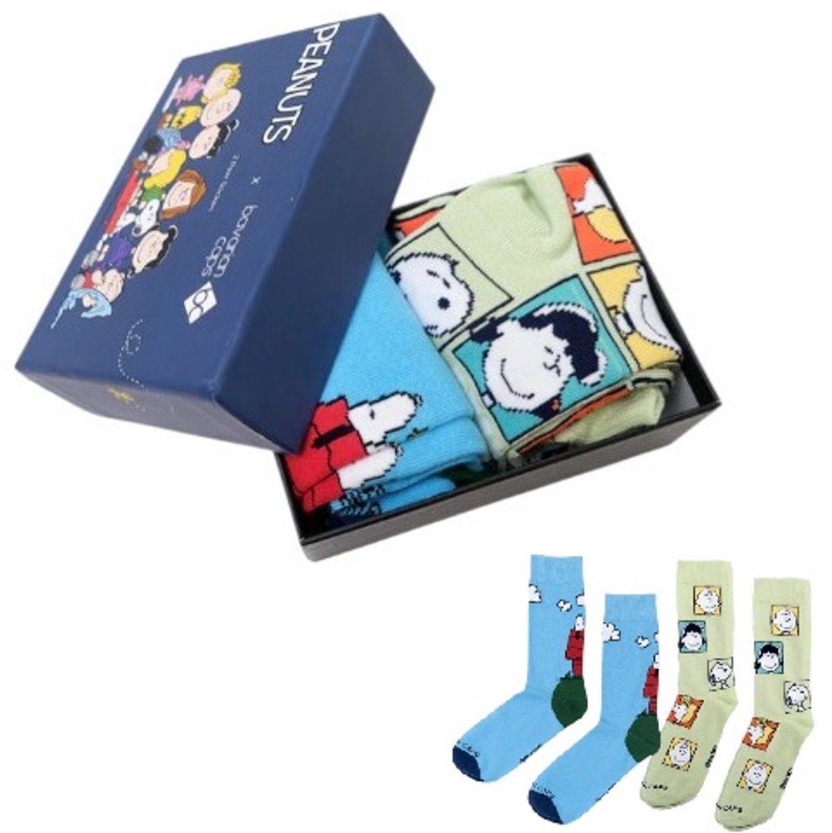 Snoopy, Charlie Brown en Vrienden – Snoopy Sportsokken Box – Lichtblauw en Groen – Peanuts x Bavarian Caps – 36-40