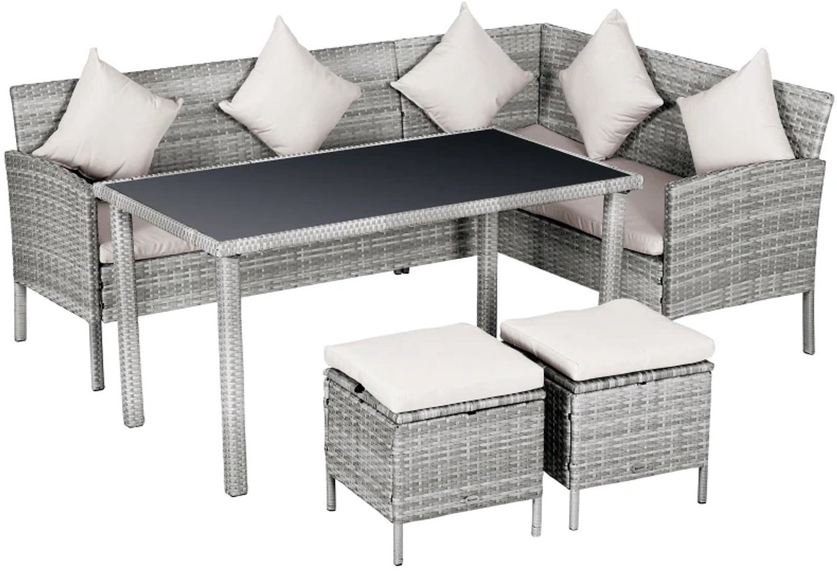 Tuin Loungeset - 5-Delige Tuinset - Tuinmeubelset - Hoekbank - Tuintafel - met Tafel, Voetenbank, Zit- en Rugkussens - Ideaal voor tuin, balkon en terras - Hoeklounge - Zitgroep - Rotan - Grijs