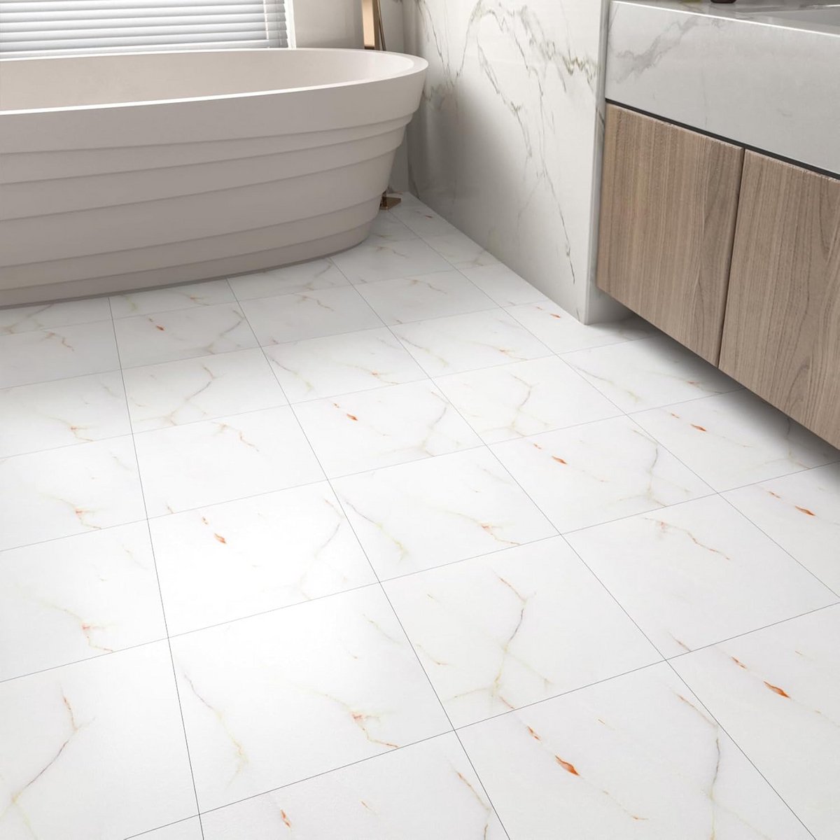 Zelfklevende vloertegels, marmereffect, wit, 18 stuks, 30 cm x 30 cm, pvc, zelfklevend, vloer, badkamer, afdekking, 1,62 m², tegelstickers, vloeren, waterdicht, voor keuken, slaapkamer