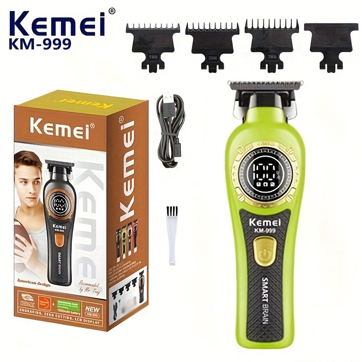 Professionele Kemei KM-999 Draadloze T-Blade Tondeuse – Digitale Display – Oplaadbaar – Inclusief 3 Opzetkammen – Voor Barbiers & Thuisgebruik