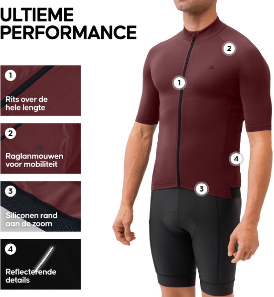 Man draagt een bordeaux fietsshirt met korte mouwen, met details over de rits, raglanmouwen en siliconen rand.