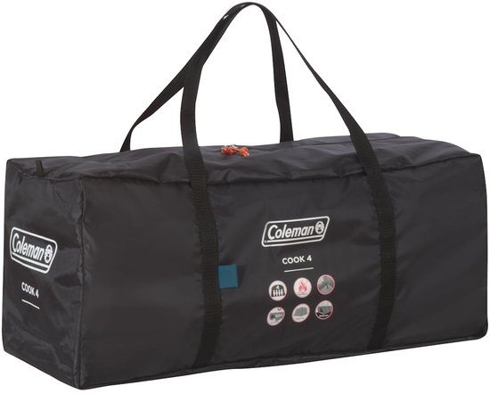 Zwarte draagtas voor een tent met twee handvatten. Coleman COOK 4 logo met pictogrammen.