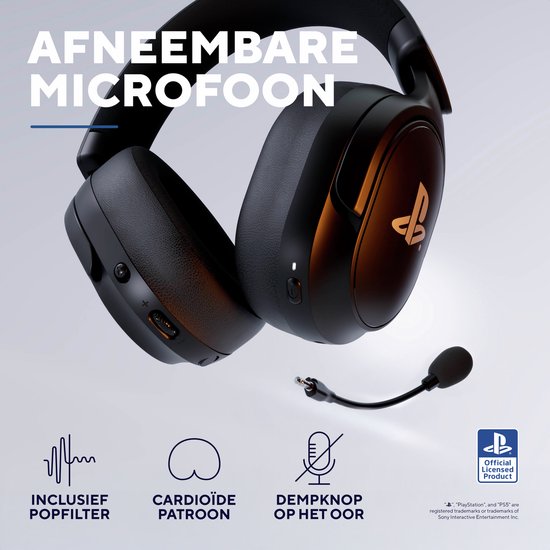 Close-up van een zwarte gaming headset met afneembare microfoon, en icoontjes voor popfilter en demping.