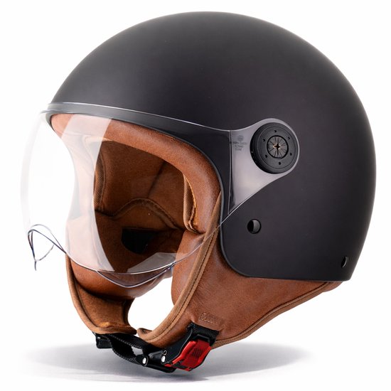 VINZ Duoro Elite Jethelm - Scooterhelm, Motorhelm, Brommerhelm - Luxe Bruine Binnenvoering - ECE Goedgekeurd - Mat Zwart - L