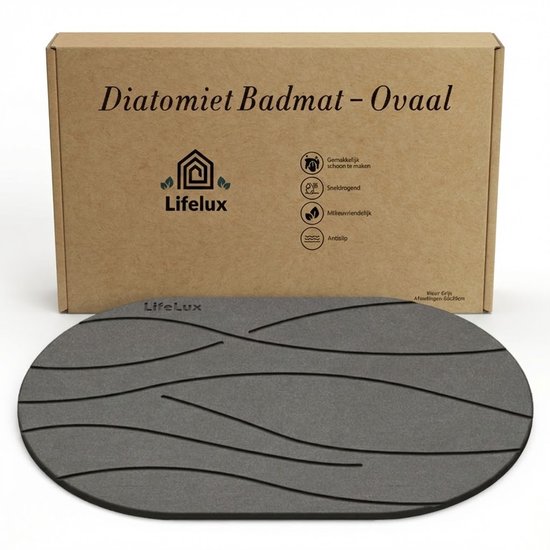 LifeLux Badmat en diatomite 60x40 cm incl tapis antidérapant – Badmat en pierre à séchage rapide – Antidérapant & Antibactérieel – Ovale gris foncé