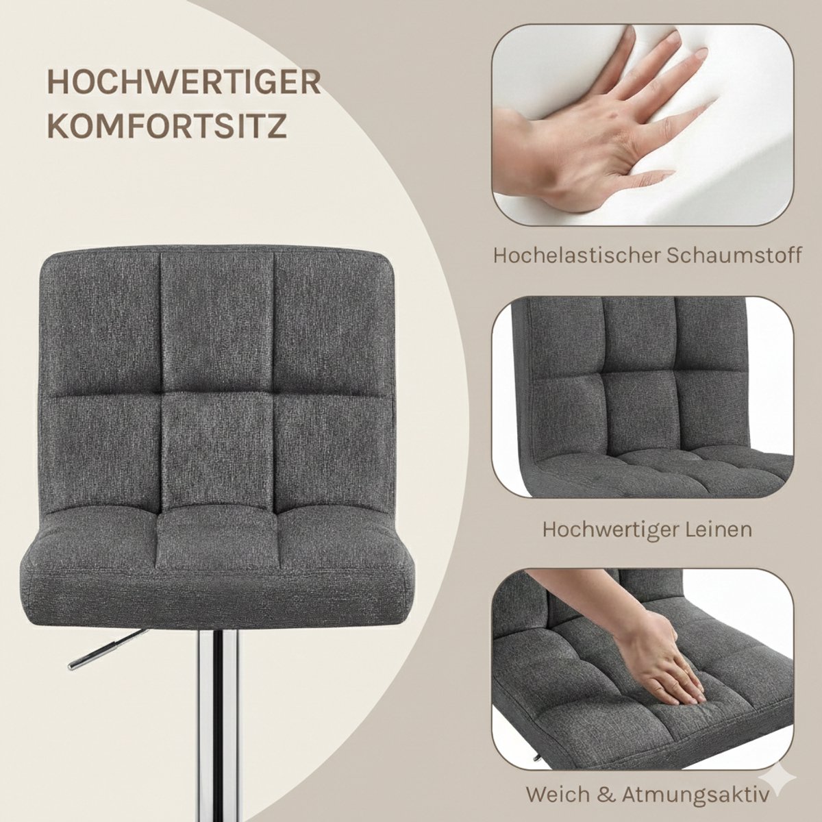 Design Barkrukken Set van 2 – House&Garden Veice Luxe Linnen Barkrukken, In Hoogte Verstelbaar en Draaibaar, Met Rugleuning en Voetensteun, Robuust Metalen Frame, Comfortabele PU Zitting – Donkergrijs – Moderne Keuken, Bar & Bistro Stoelen