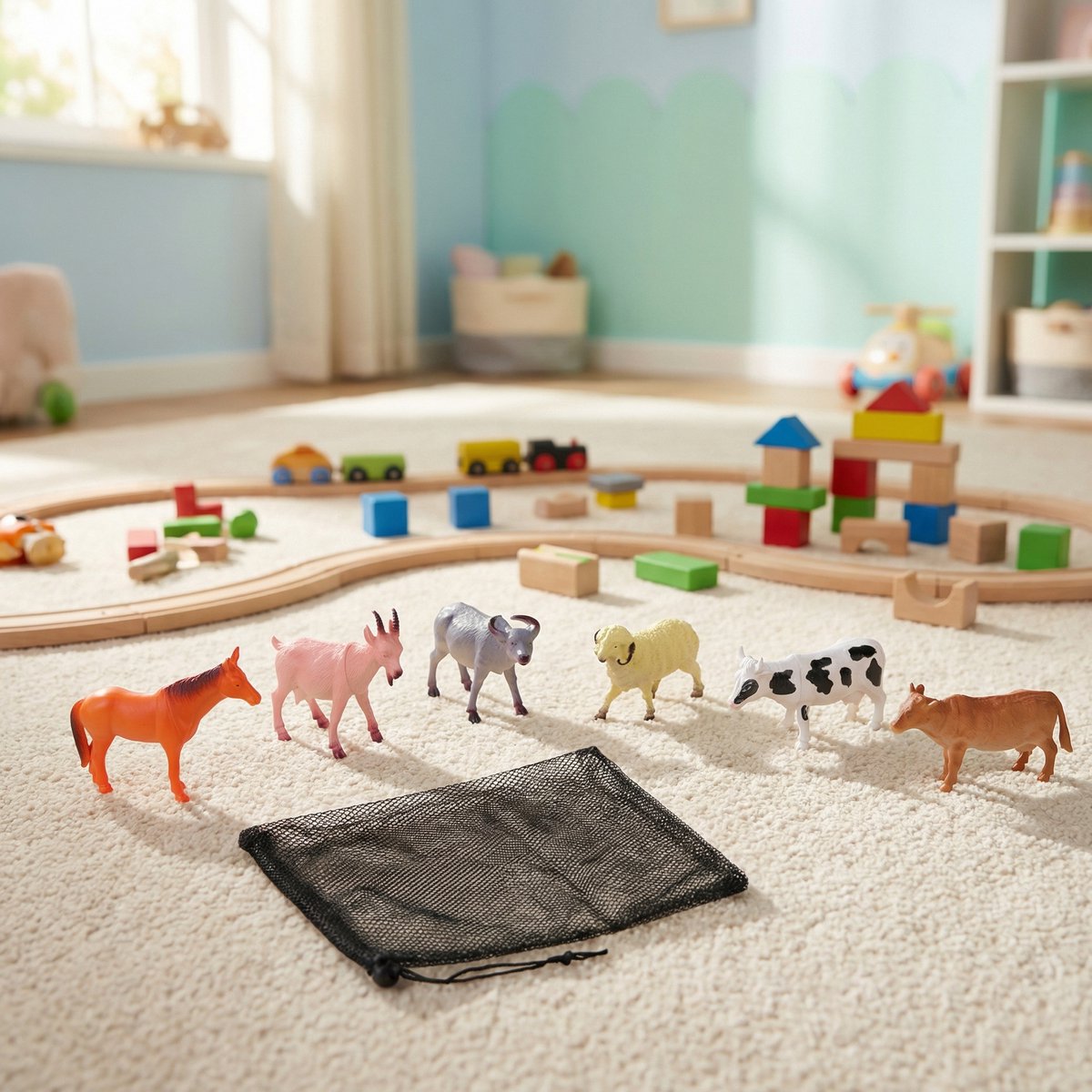 Eddy Toys Boerderij Dieren Speelset 6-delig - Speelfiguren van Kunststof - Inclusief Opbergzakje - Educatief en Fantasierijk Spel - 15 cm per Dier - Meerkleurig