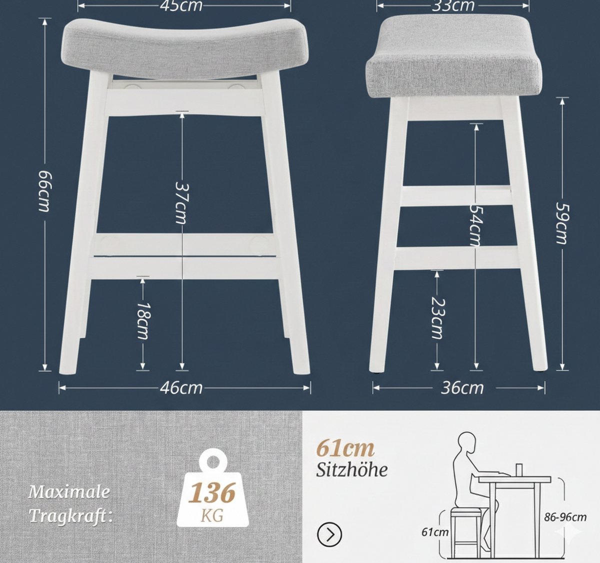 Barkruk set van 2 | House&Garden Nordic Linen Barkrukken 61 cm – Lichtgrijs – Houten frame, Linnen zitting, Voetensteun – Moderne keuken- en barstoelen voor woonkamer, restaurant en huisbar