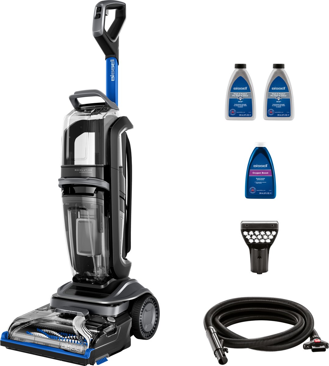 BISSELL | Revolution HydroSteam™ | Tapijtreiniger | Voor hardnekkig plakkerig vuil en rommel | Met snoer | Voor tapijt vloerkleden bekleding trappen | 77 dBa | Zwart Titanium Kobaltblauw | 3670N