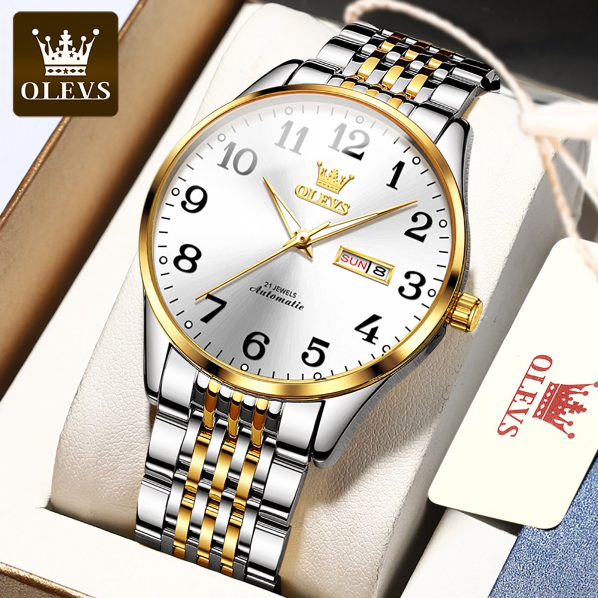 HO-6666.gz : Olevs goudzilverkleurig tourbillon-mechanisch edelstaal heren horloge, goudkleurige grote cijfers, luminiscerend, dagnaam, kalenderdag