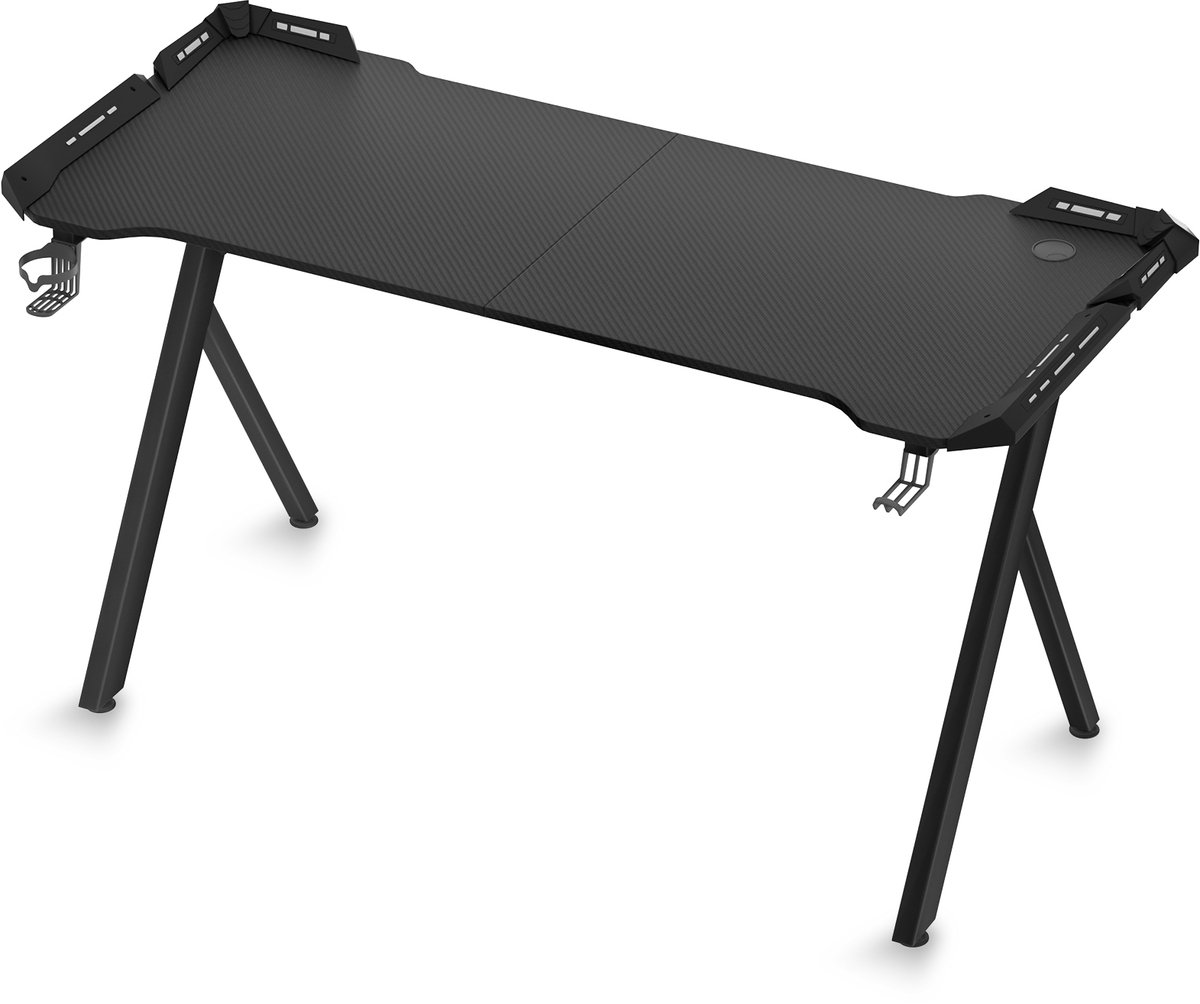 ACXIN Gaming Bureau - Y-Frame met RGB LED Verlichting - Ergonomisch Computerbureau met Carbon Fiber Blad, Bekerhouder en Koptelefoonhaak - 140x60x75 cm - Zwart