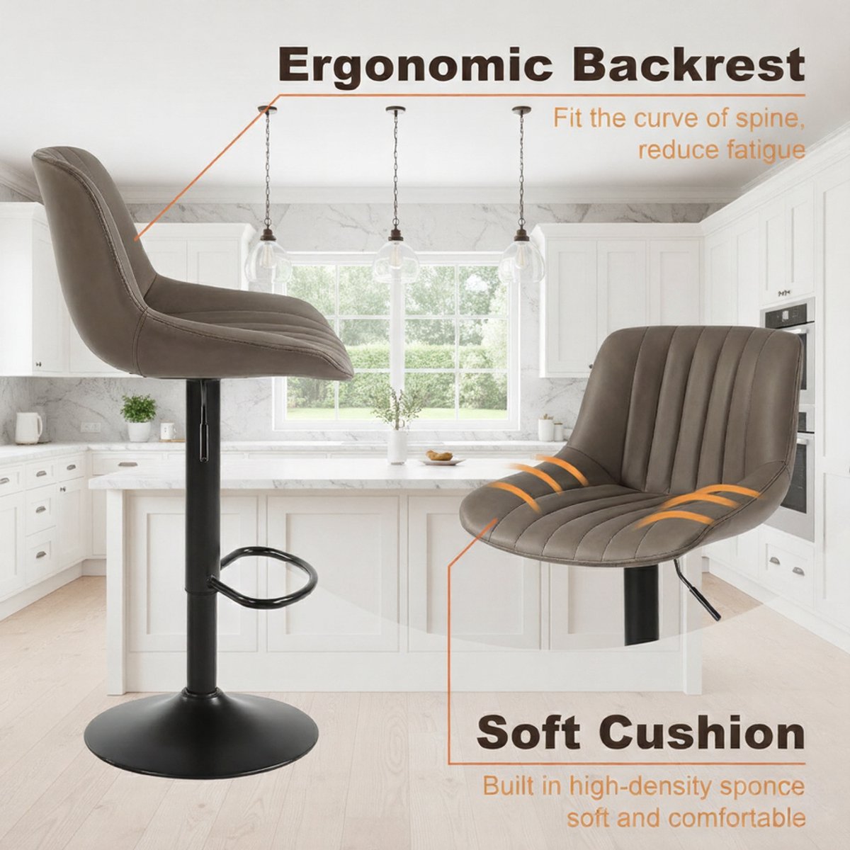 Barkruk Set van 2 – House&Garden Luxe Draaibare Verstelbare Barstoelen met Rugleuning – Bruin PU-leer, Metalen Frame, Voetsteun – Moderne Barkrukken voor Keuken, Eetkamer, Bar en Café