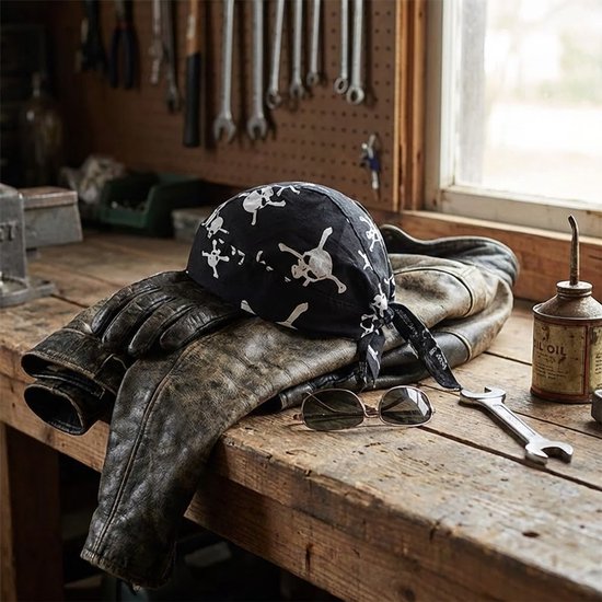 Zwart bandana met witte doodshoofdprint op een werkbank, naast een leren jas, handschoenen en zonnebril.