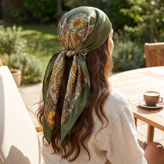 Vrouw met lang bruin haar, draagt een groene satijnen hoofddoek met paisley print, zittend aan een tafel buiten.