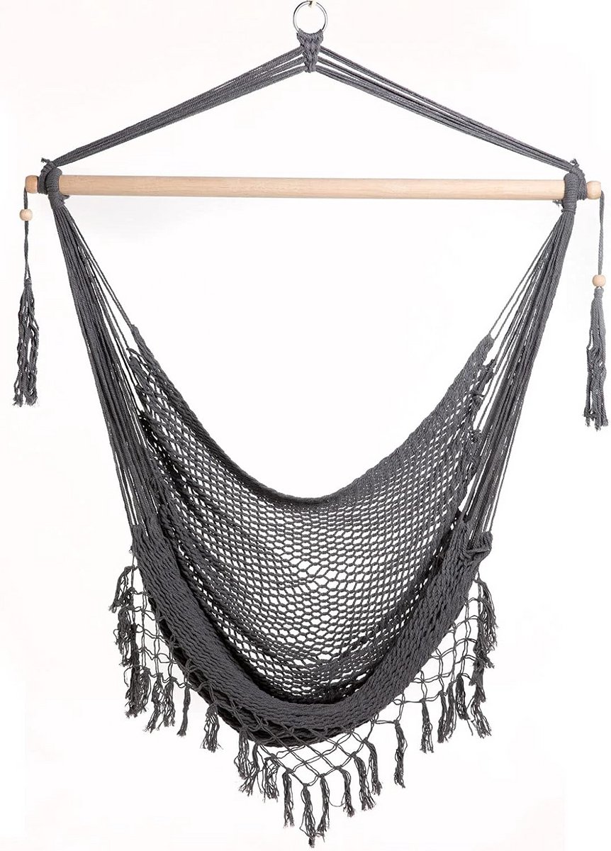 Hangstoel Netlook Grijs met Franjes - Comfortabele Katoen Hangmat voor Binnen en Buiten