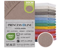 Princess Line- Comfortabel Ultra-Soft-Hoeslaken -100% katoen-Jersey -Stretch -Strijkvrij- Rondom elastiek-Hoekhoogte tot 30cm-2Persoons- Lits-Jumeaux-180x200 cm-Taupe