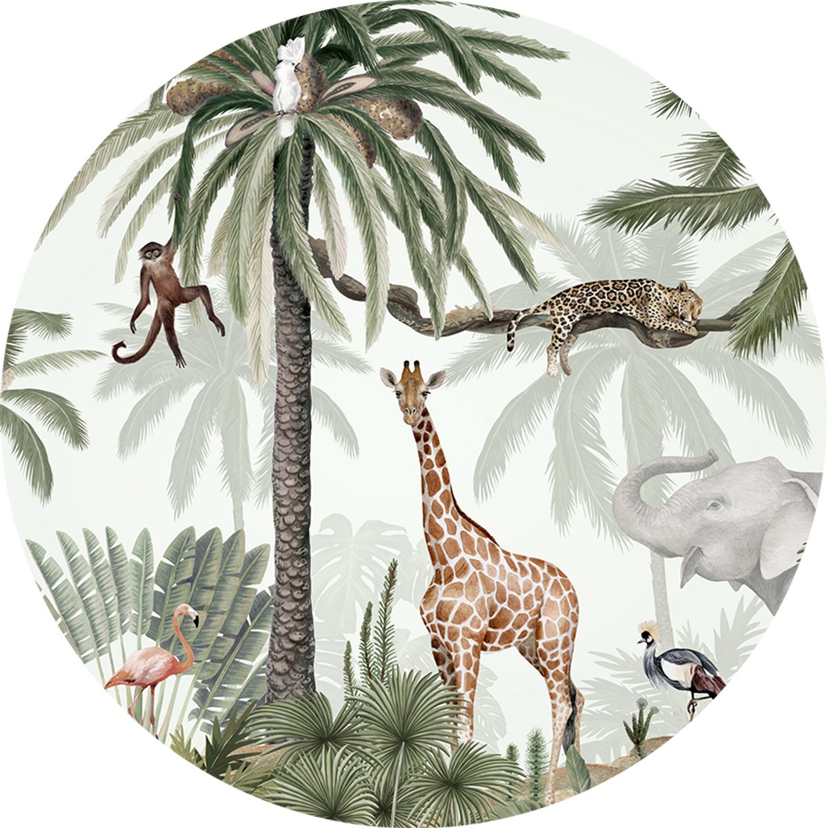 Muursticker - Wanddecoratie - kinderkamer - babykamer - ø 100 cm - Tropical Jive - Jungle dieren - Behangcirkel