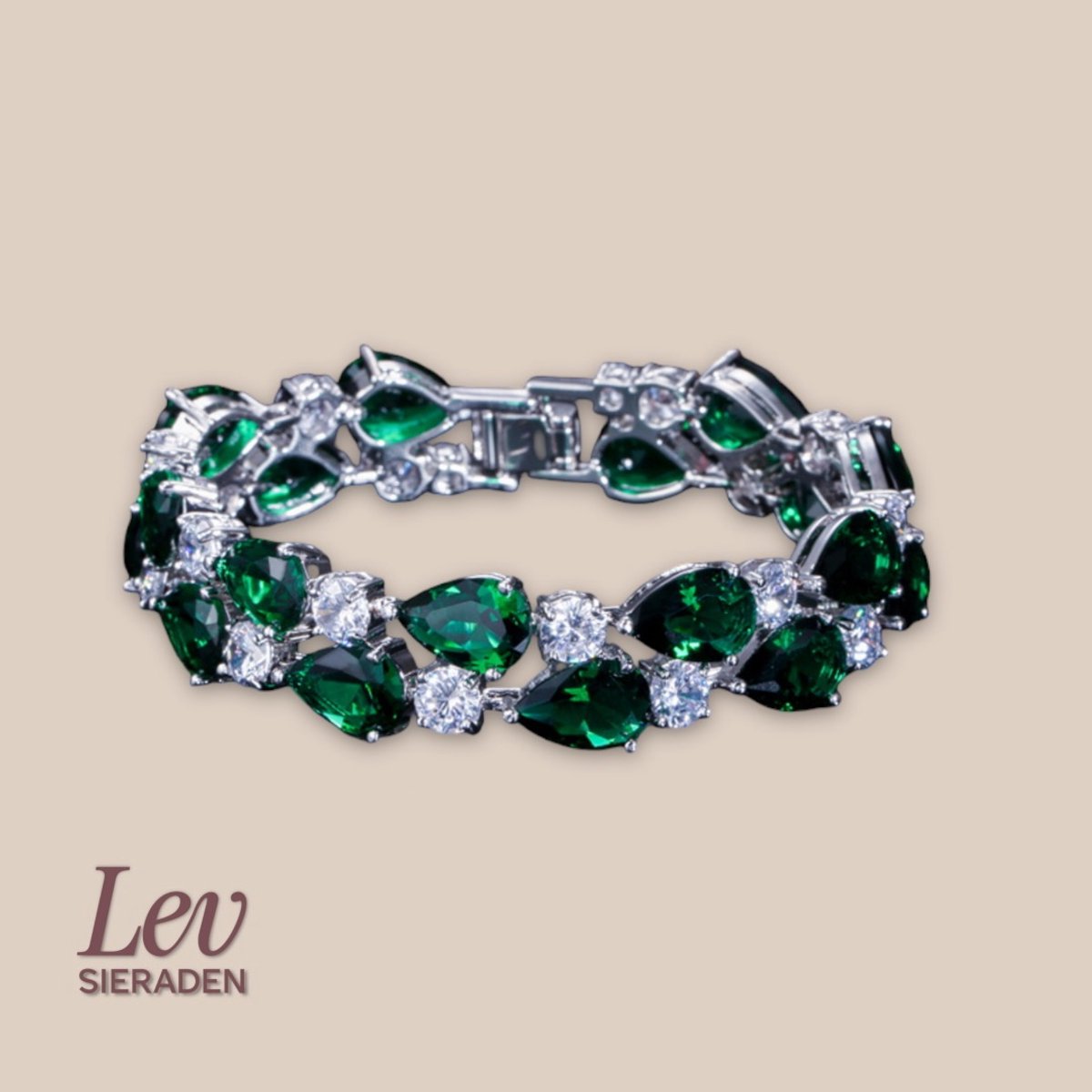 Lev Sieraden - Zilver plated Tennisarmband met Zirkonia groen en wit - Messing - 18.2cm - Pear cut