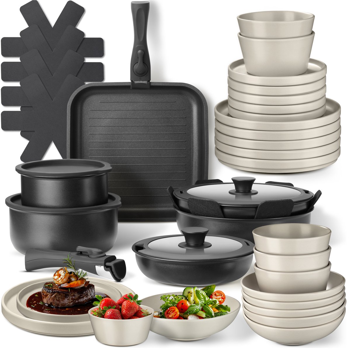 tectake® Complete Pannenset - Borden Set - Aardewerk - 41-delig - 6 Persoons - Set met Servies, Koekenpan, Grillpan, Kookpan, Kommen - Pannen met Deksel en Antiaanbaklaag - Ovenbestendig - Vaatwasbestendig - Geschikt voor Inductie - Taupe/Zwart