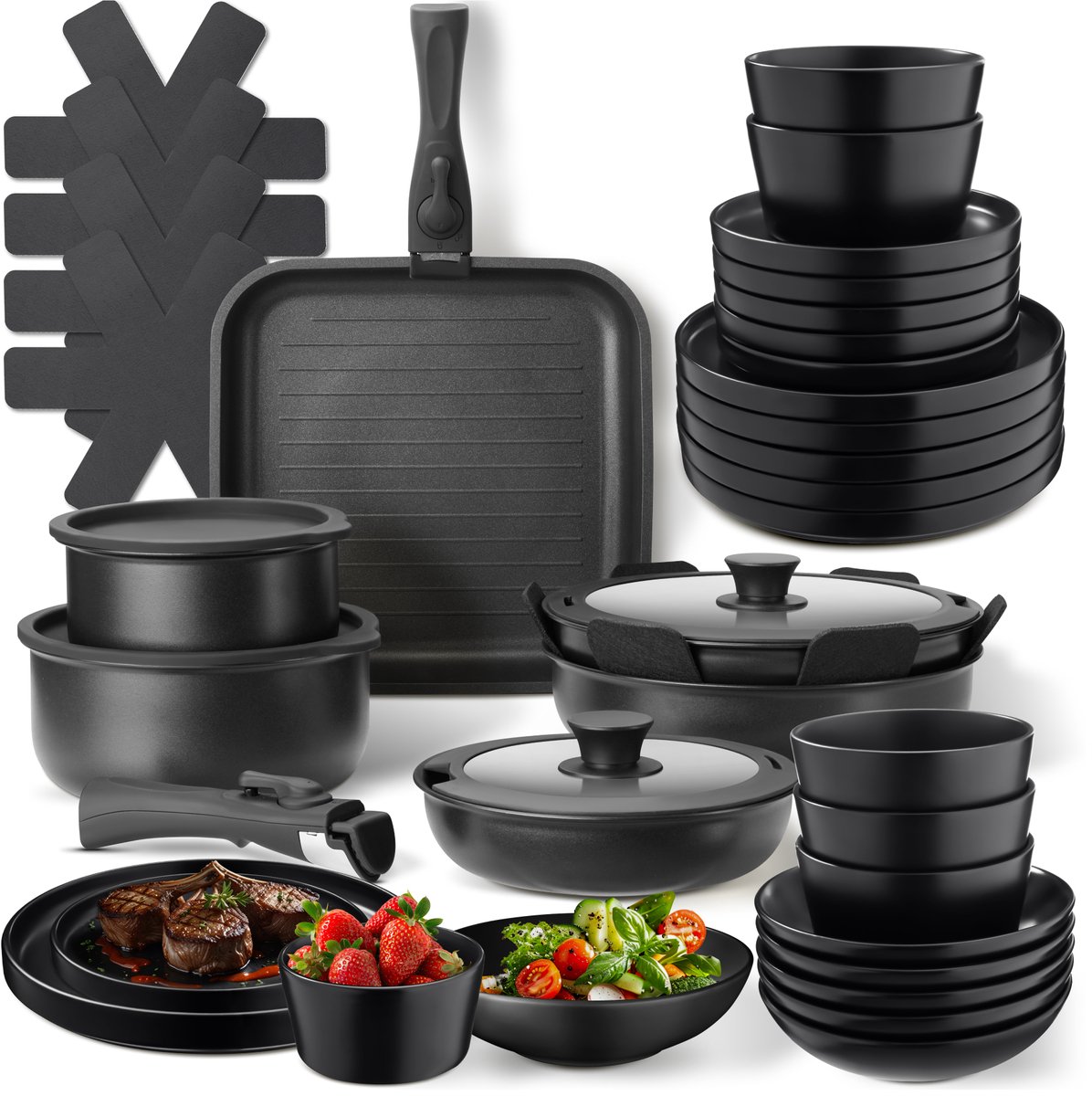 tectake® Complete Pannenset - Borden Set - Aardewerk - 41-delig - 6 Persoons - Set met Servies, Koekenpan, Grillpan, Kookpan, Kommen - Pannen met Deksel en Antiaanbaklaag - Ovenbestendig - Vaatwasbestendig - Geschikt voor Inductie - Zwart