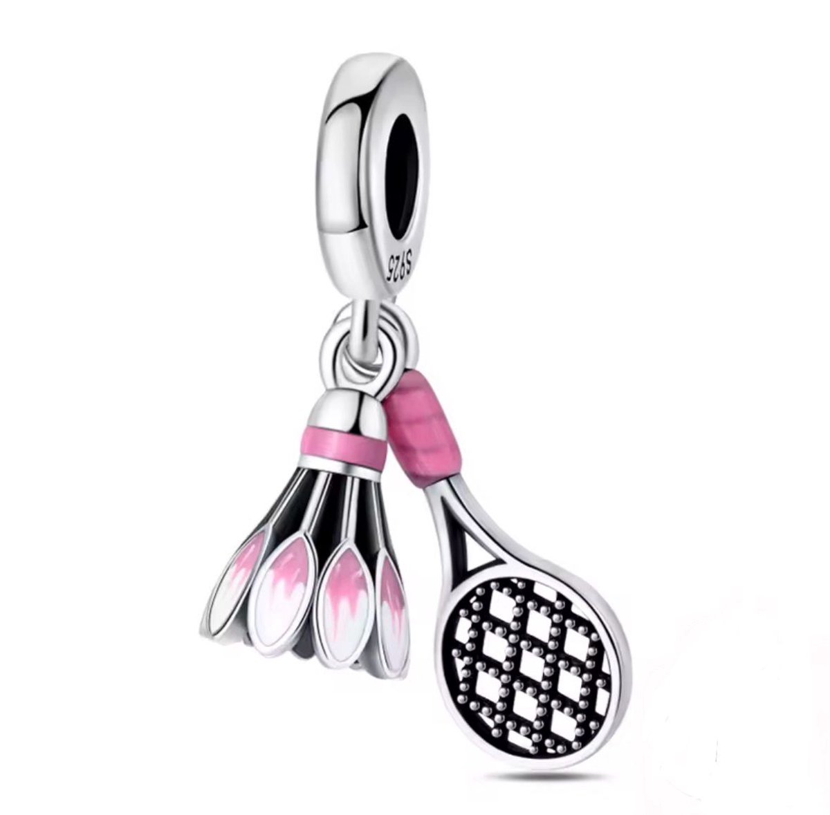 SportPresent® - Sportbedel - Badminton racket - Shuttle - Bedel voor Armband - Geschikt voor armband - Badminton - Hangbedel Charm - Zilver - 925 - Emaille - Roze - Meerkleurig – Ketting - Kraal – Teamkado