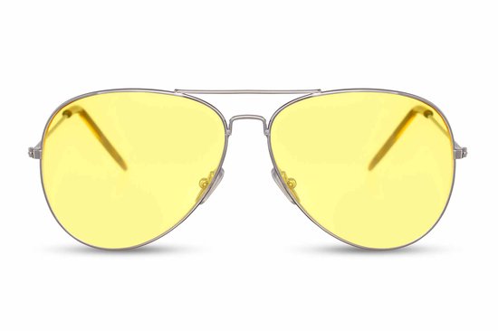 2128 Geel Lens Piloten Zonnebril | Aviator Zonnebril | Retro & Classic Bril | Festival , Rave Bril | Carnavalsbril | Dag/Nacht Zonnebril Dames & Heren | Bril zonder sterkte | Zilver koper montuur | Trendy Party & Outdoor Bril + brillen sleeve & doek — afbeelding 3