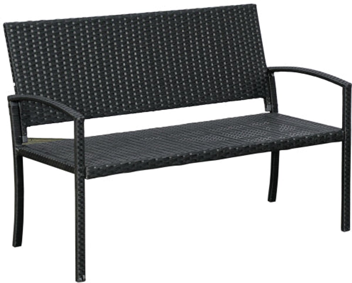Merax Tuinbank 2-Zits Met Armleuningen In Rotanlook – Stalen Frame – Draagvermogen 240 Kg – Weerbestendig En Zonbestendig – Zwart – 122 × 60 × 85 Cm