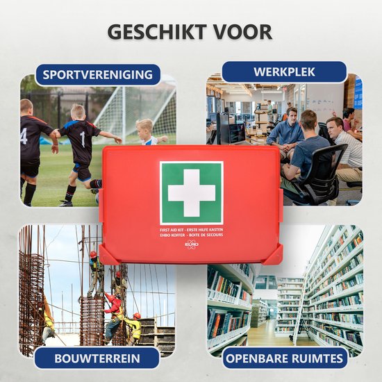 Collage met een EHBO-koffer in verschillende omgevingen: sportclub, werkplek, bouwterrein en bibliotheek.