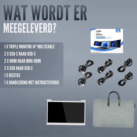 Moniteur portable triple Full HD - Modèle 2 câbles - 2 x 14 pouces IPS - Plug & Play - Écran Extra pour ordinateur portable - Moniteur tri-écran
