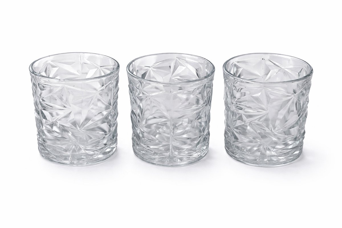 Drinkglazen Set van 3 – 300 ml – Geslepen Design – Waterglazen / Whiskyglazen – Transparant Glas