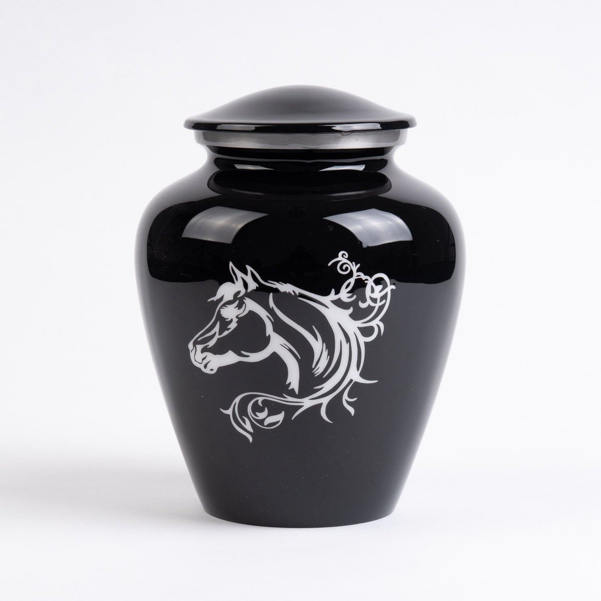 Paarden Urn Groot 3,5 liter Zwart met Witte Paardenillustratie - Dieren Urn voor As Crematie - Urn Hond - Urn Kat