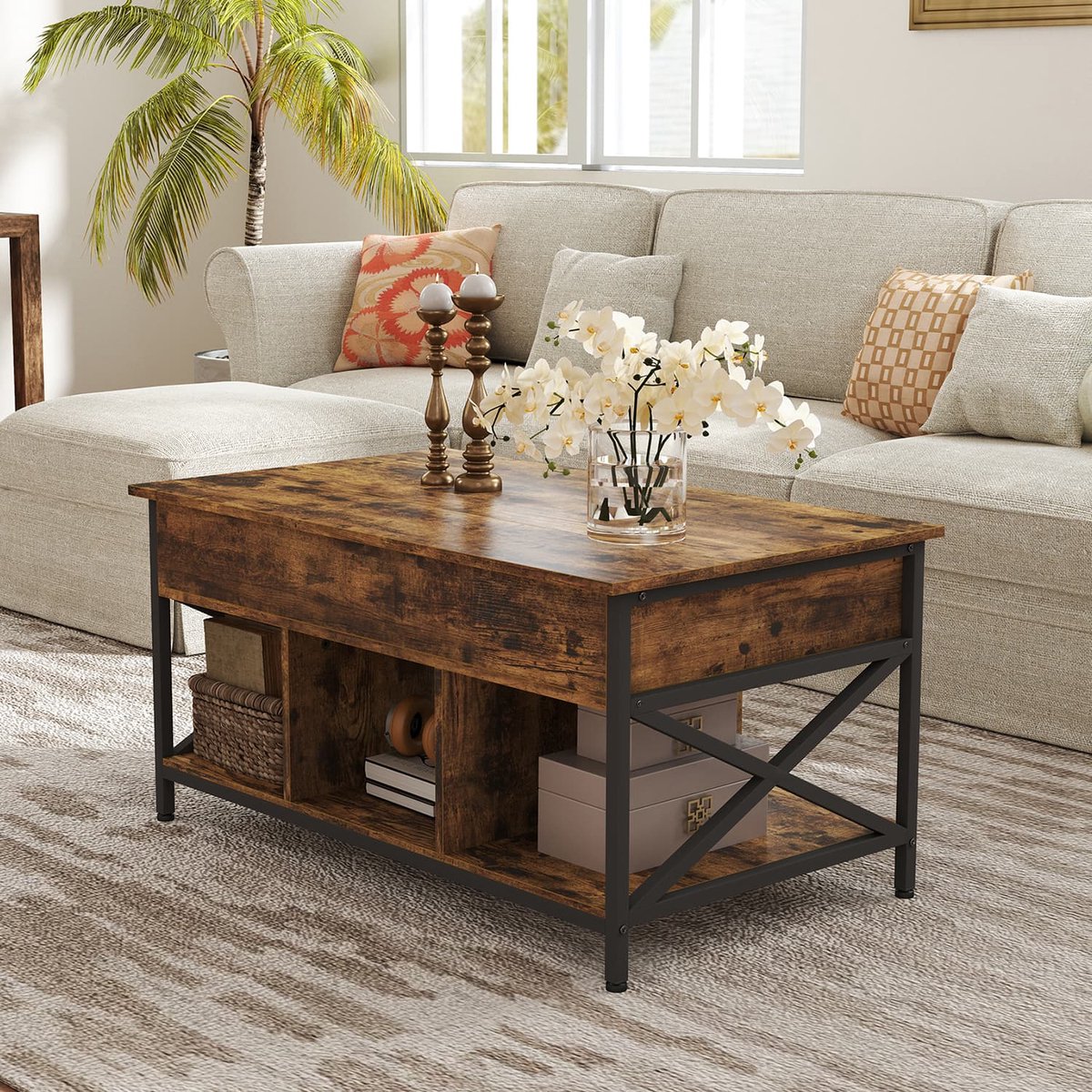 Salontafel met opklapbaar blad – Hout – Bruin en zwart – Open en verborgen opbergruimte met X-vormige stangen