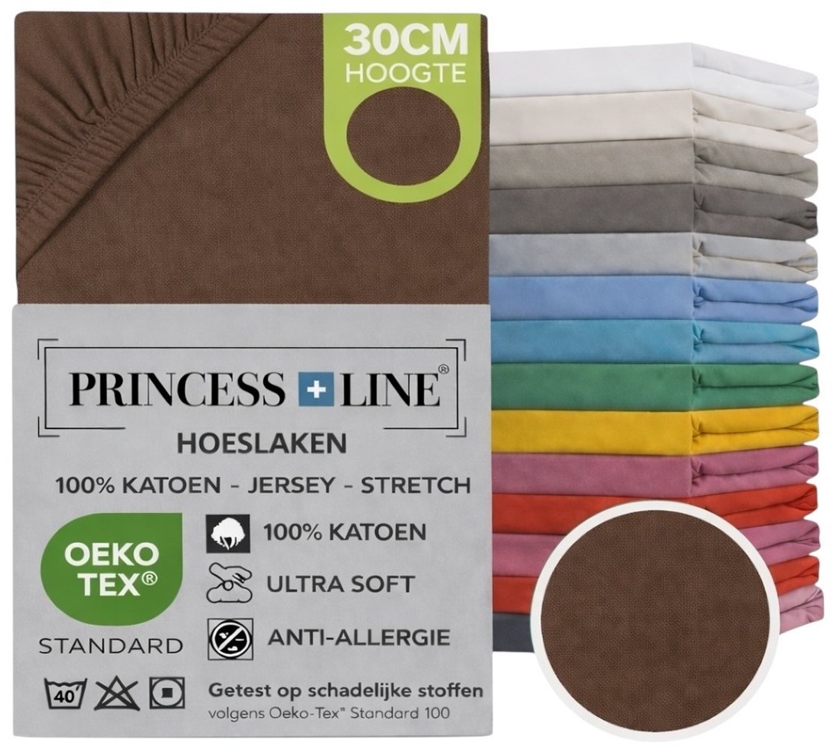Princess Line- Comfortabel Ultra-Soft-Hoeslaken -100% katoen-Jersey -Stretch -Strijkvrij- Rondom elastiek-Hoekhoogte tot 30cm-Eenpersoons -90x200 cm-Donkerbruin